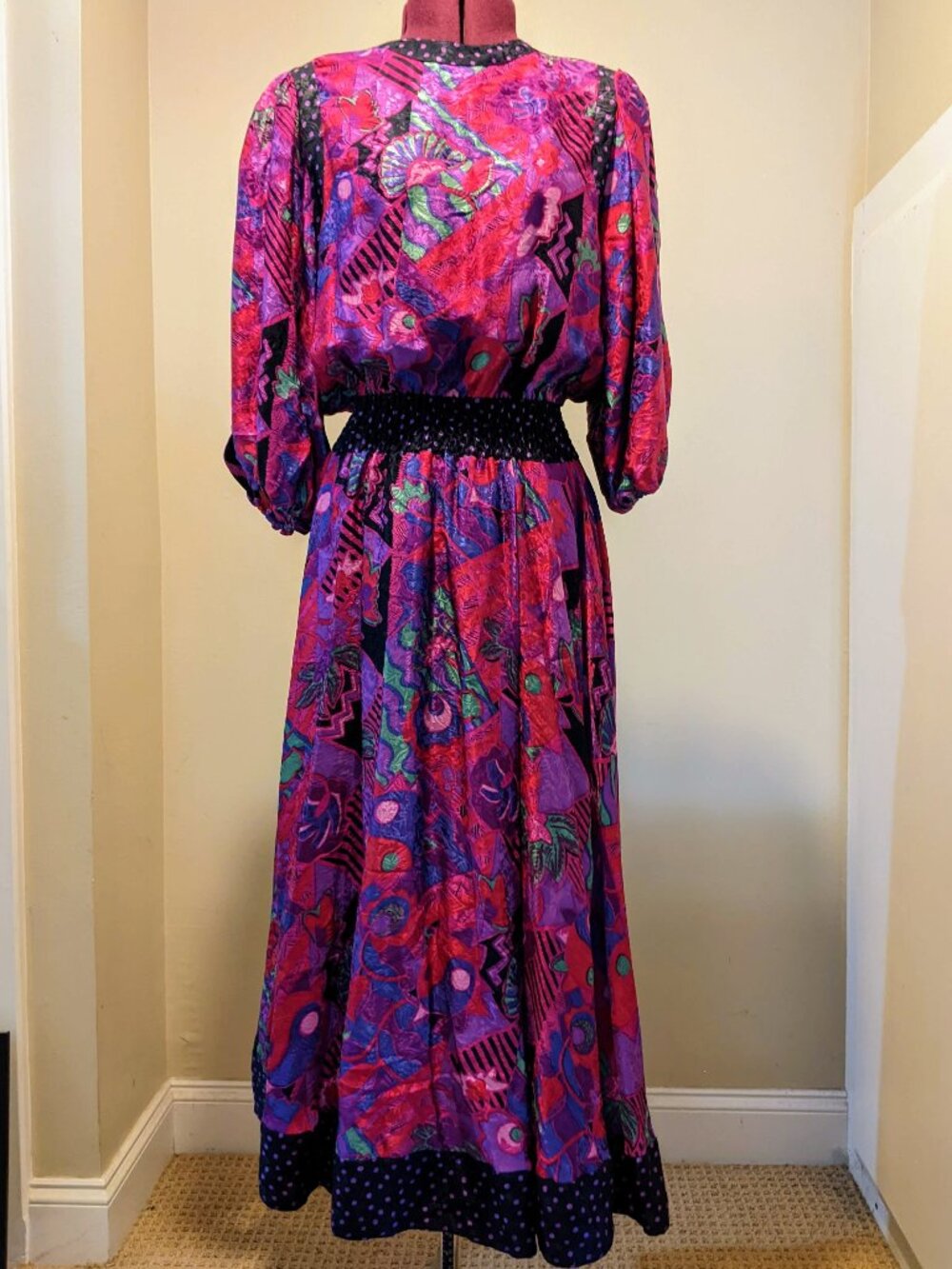 Vintage Diane Freis Silk Georgette Maxi Dress – Floral Print, Smocked Waist M-L